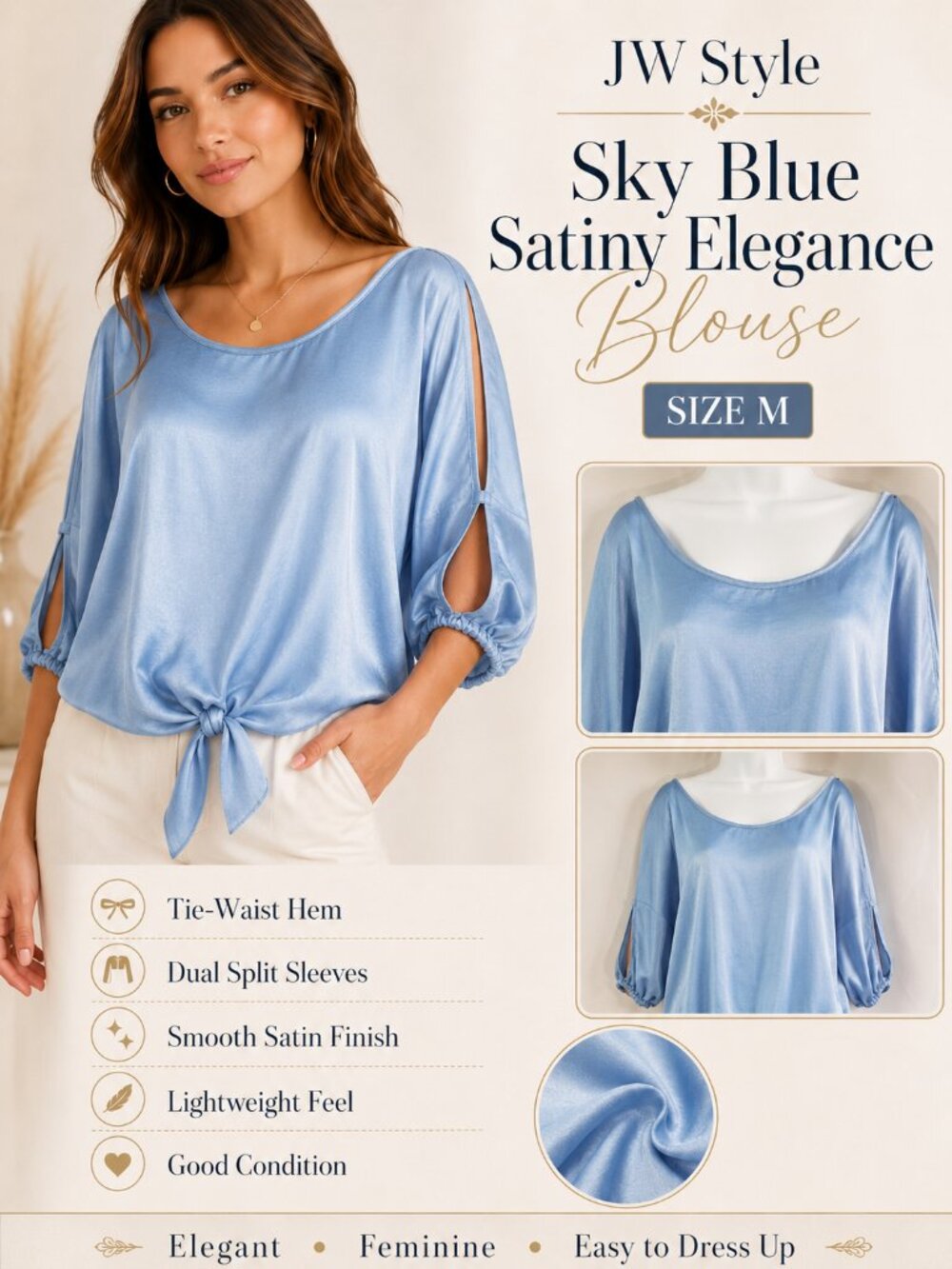 JW Style Sky Blue Satin Blouse Women’s M Tie Front Dual Split Sleeve Elegant Top